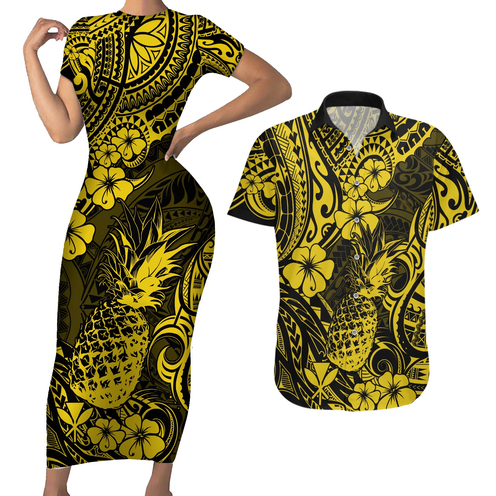 Hawaii Pineapple Couples Matching Short Sleeve Bodycon Dress and Hawaiian Shirt Polynesian Pattern Yellow Version LT01 Yellow - Polynesian Pride