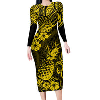 Hawaii Pineapple Family Matching Long Sleeve Bodycon Dress and Hawaiian Shirt Polynesian Pattern Yellow Version LT01 Mom's Dress Yellow - Polynesian Pride