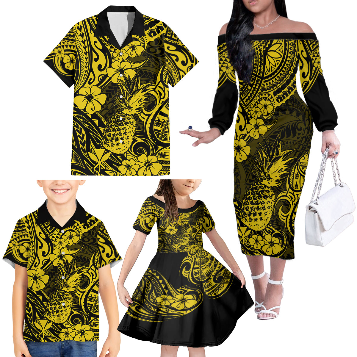 Hawaii Pineapple Family Matching Off Shoulder Long Sleeve Dress and Hawaiian Shirt Polynesian Pattern Yellow Version LT01 - Polynesian Pride