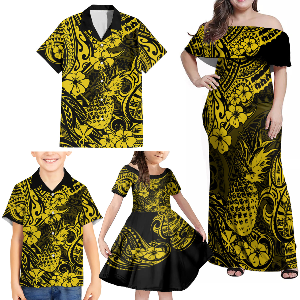 Hawaii Pineapple Family Matching Off Shoulder Maxi Dress and Hawaiian Shirt Polynesian Pattern Yellow Version LT01 - Polynesian Pride