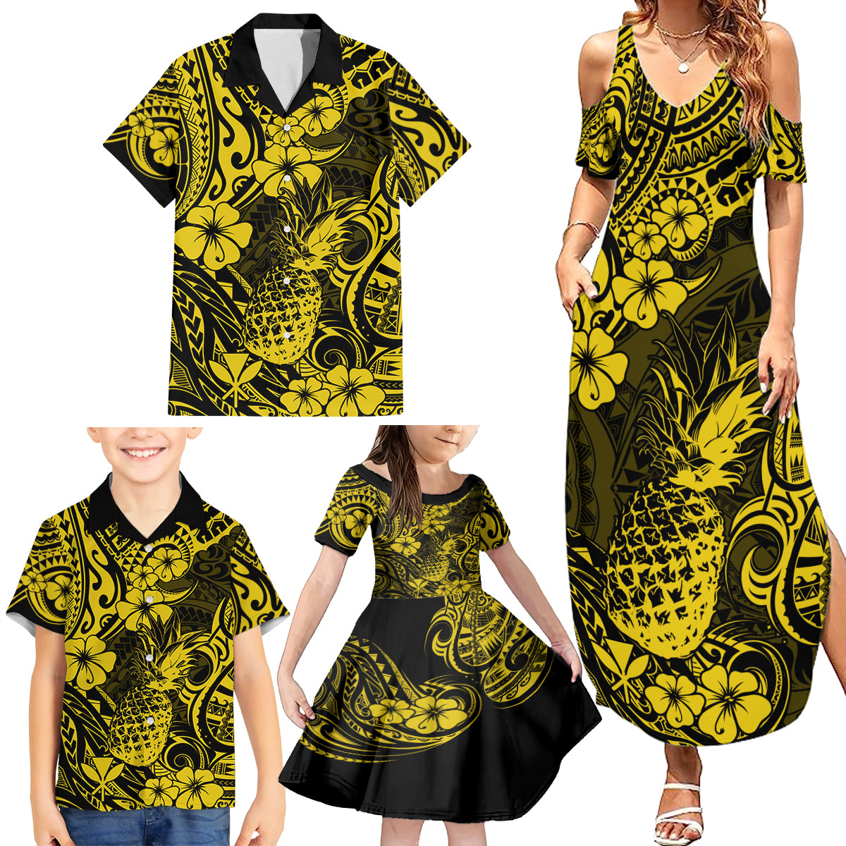 Hawaii Pineapple Family Matching Summer Maxi Dress and Hawaiian Shirt Polynesian Pattern Yellow Version LT01 - Polynesian Pride