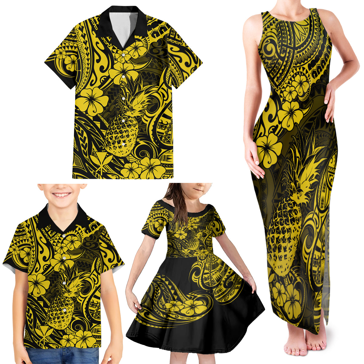 Hawaii Pineapple Family Matching Tank Maxi Dress and Hawaiian Shirt Polynesian Pattern Yellow Version LT01 - Polynesian Pride