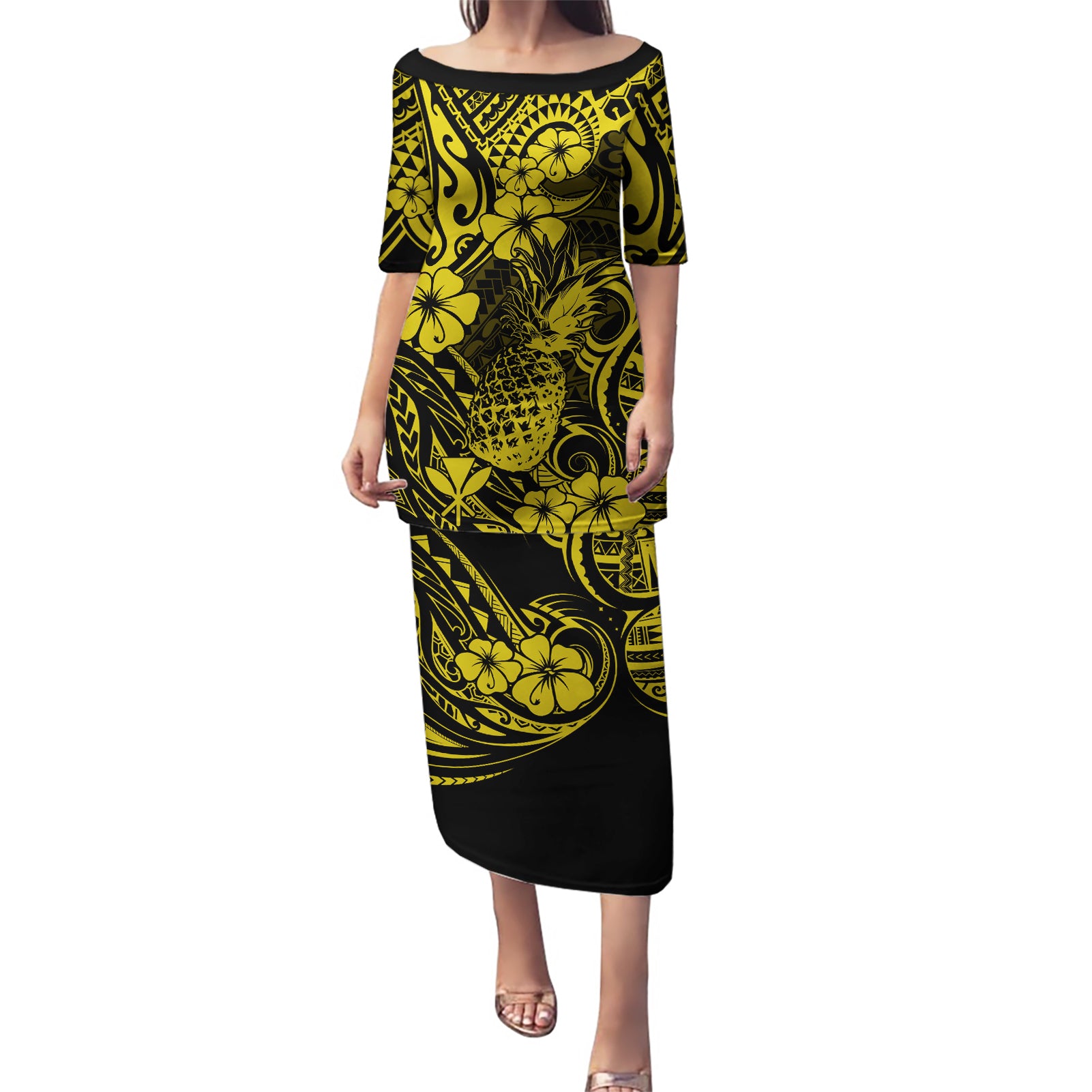 Hawaii Pineapple Puletasi Polynesian Pattern Yellow Version LT01 Long Dress Yellow - Polynesian Pride