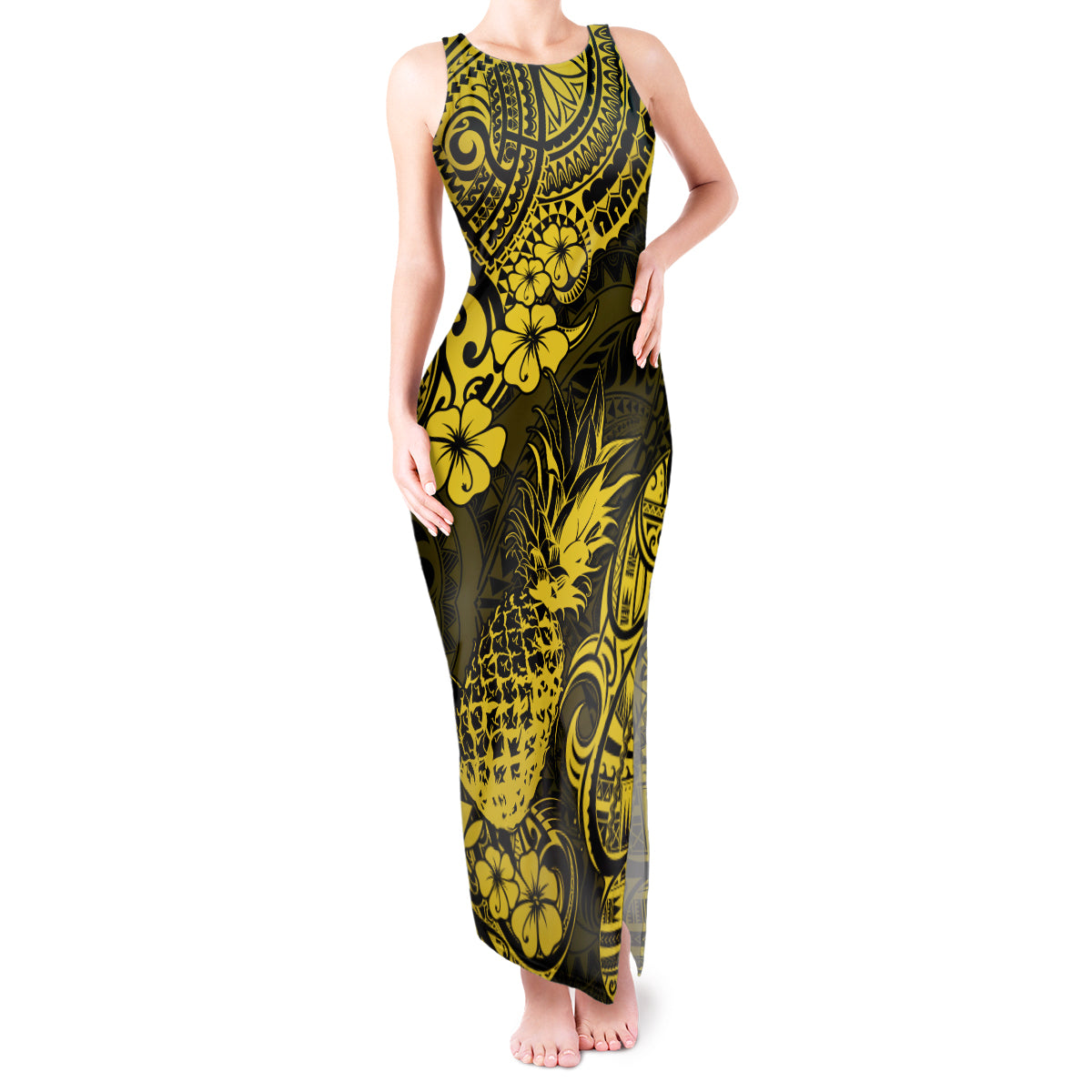 Hawaii Pineapple Tank Maxi Dress Polynesian Pattern Yellow Version LT01 Women Yellow - Polynesian Pride