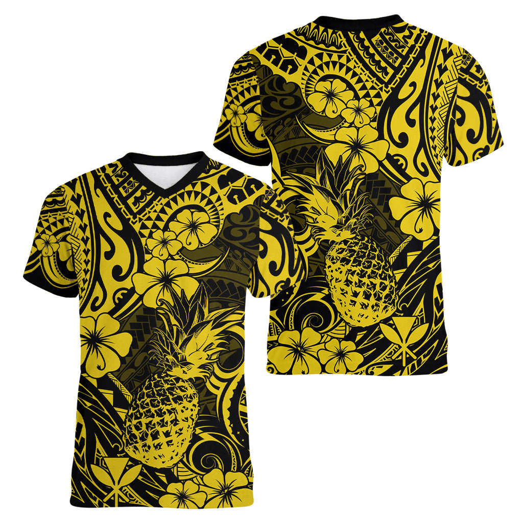 Hawaii Pineapple Women V Neck T Shirt Polynesian Pattern Yellow Version LT01 - Polynesian Pride