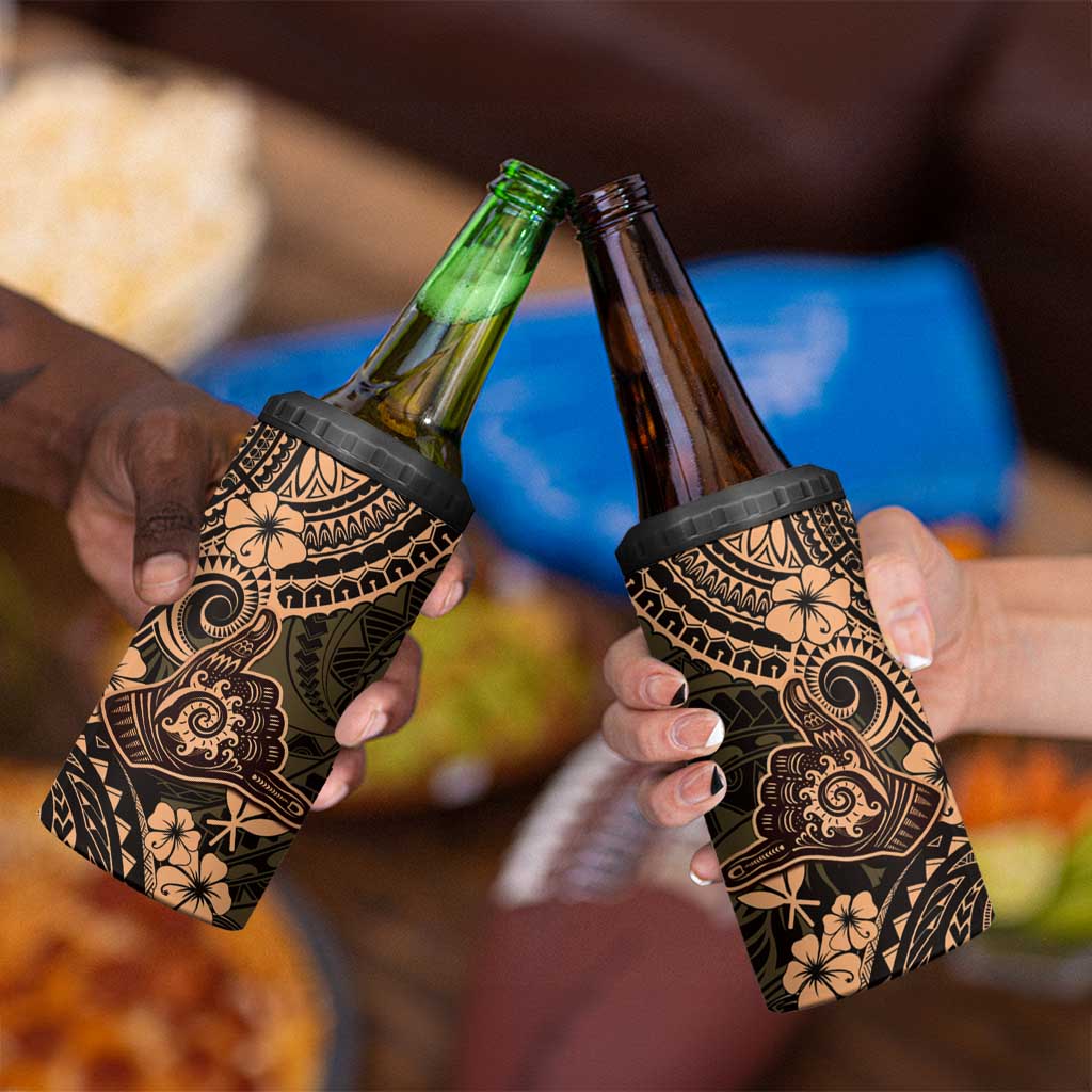 Hawaii Shaka Sign 4 in 1 Can Cooler Tumbler With Polynesian Hibiscus Gold Unique