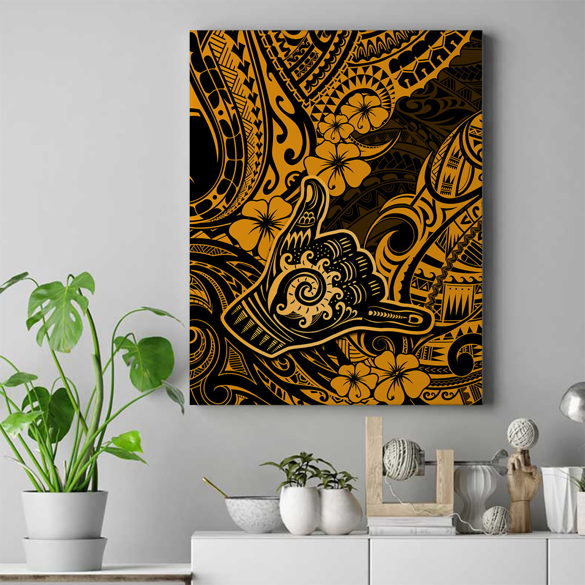 Hawaii Shaka Sign Canvas Wall Art With Polynesian Hibiscus Gold Unique LT01 Gold - Polynesian Pride