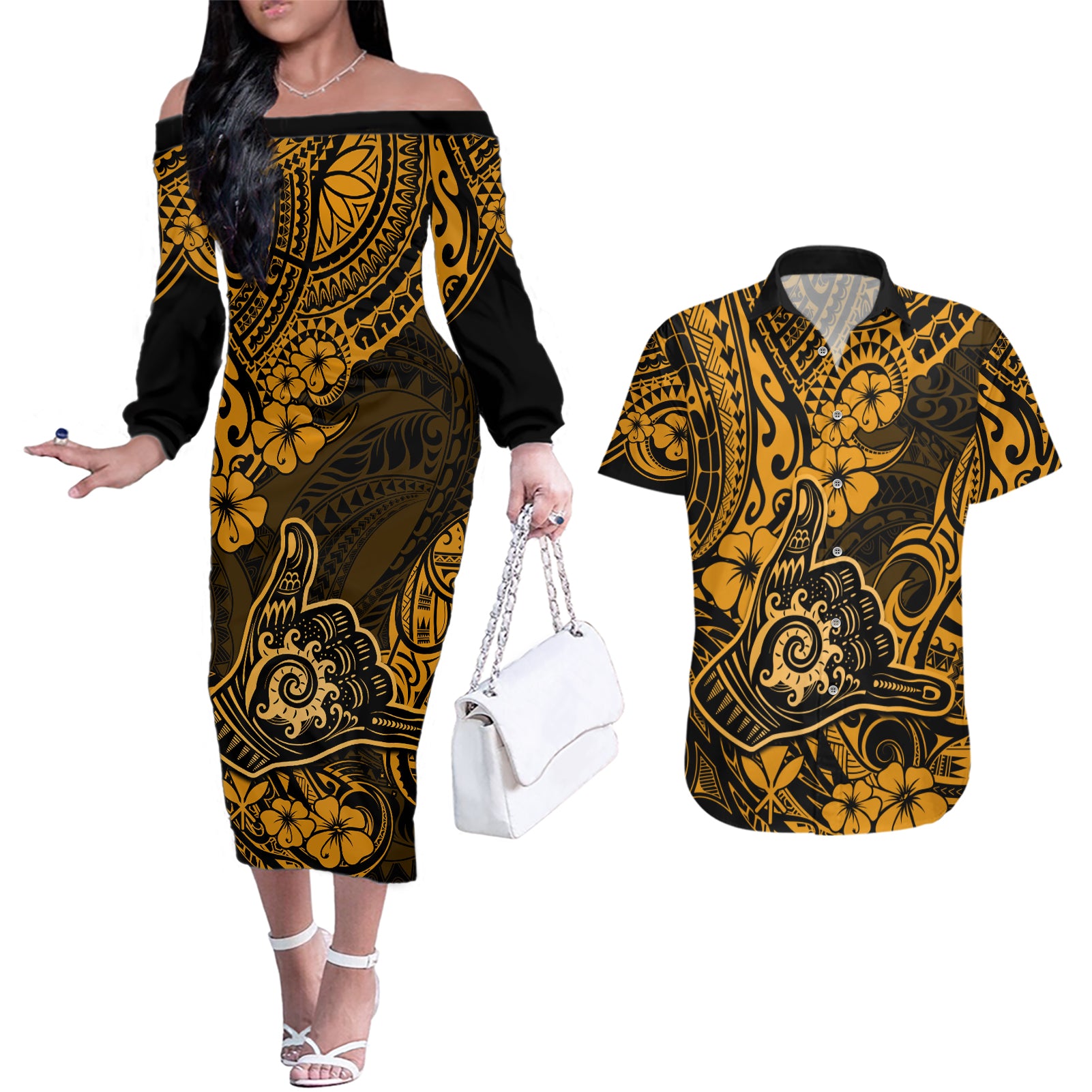 Hawaii Shaka Sign Couples Matching Off The Shoulder Long Sleeve Dress and Hawaiian Shirt With Polynesian Hibiscus Gold Unique LT01 Gold - Polynesian Pride