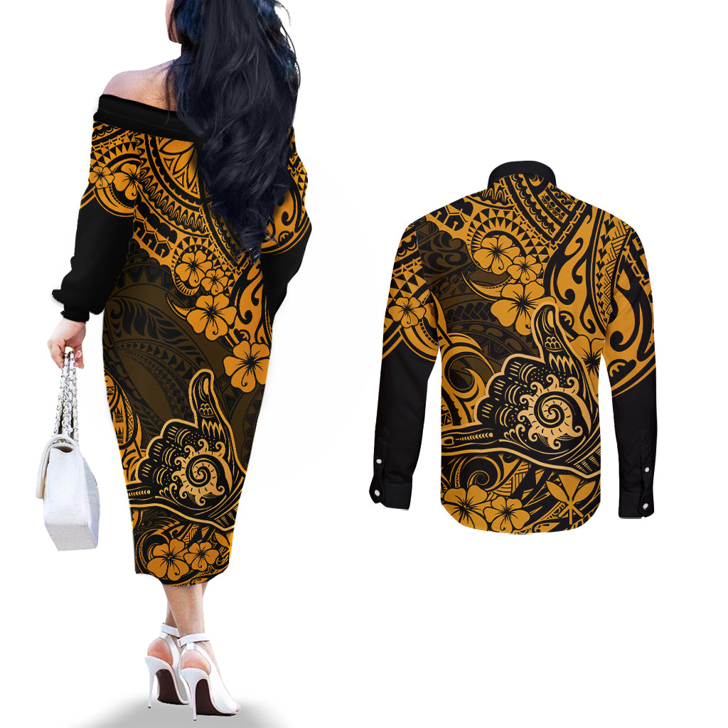Hawaii Shaka Sign Couples Matching Off The Shoulder Long Sleeve Dress and Long Sleeve Button Shirts With Polynesian Hibiscus Gold Unique LT01 - Polynesian Pride