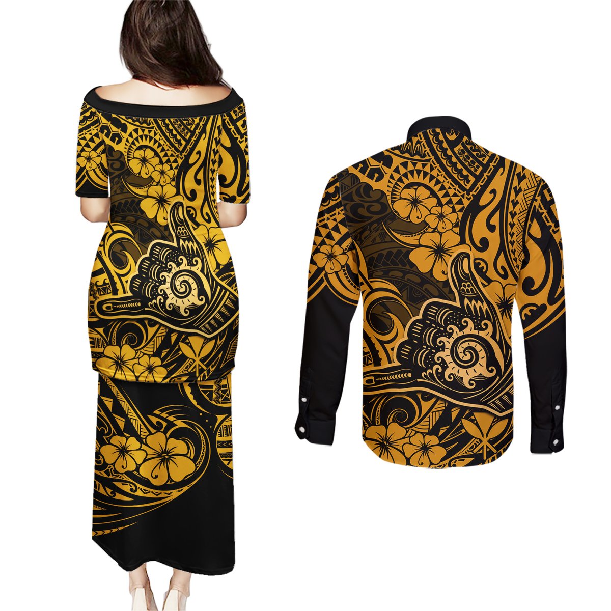 Hawaii Shaka Sign Couples Matching Puletasi Dress and Long Sleeve Button Shirts With Polynesian Hibiscus Gold Unique LT01 - Polynesian Pride