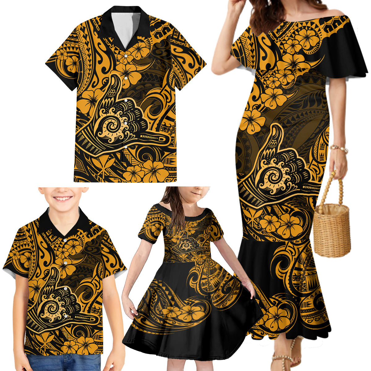 Hawaii Shaka Sign Family Matching Mermaid Dress and Hawaiian Shirt With Polynesian Hibiscus Gold Unique LT01 - Polynesian Pride