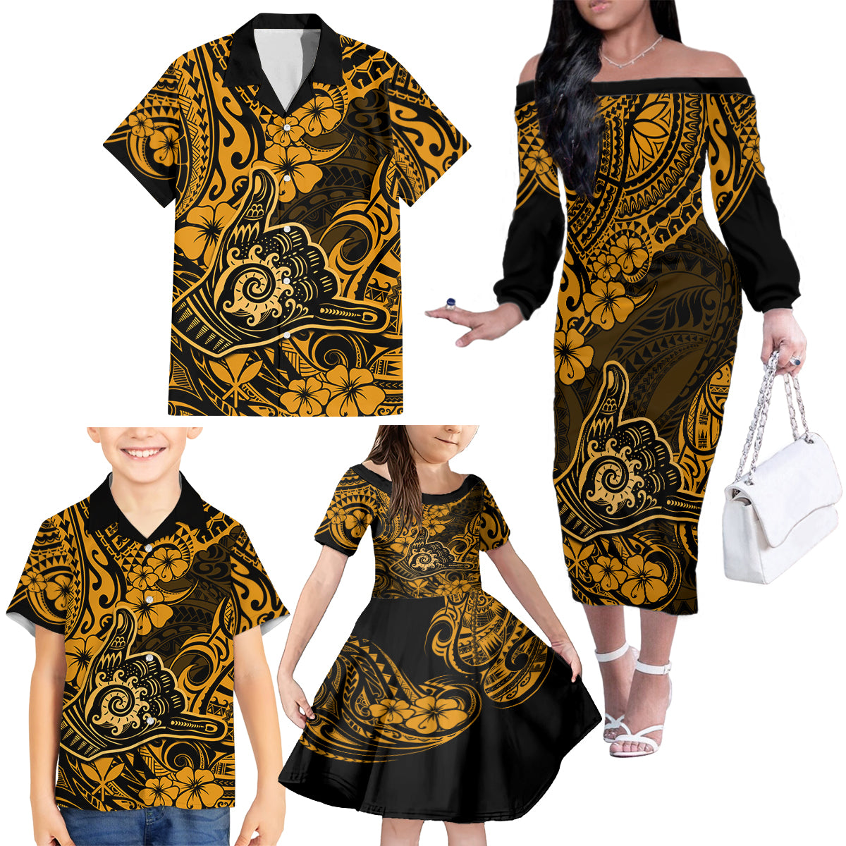 Hawaii Shaka Sign Family Matching Off Shoulder Long Sleeve Dress and Hawaiian Shirt With Polynesian Hibiscus Gold Unique LT01 - Polynesian Pride