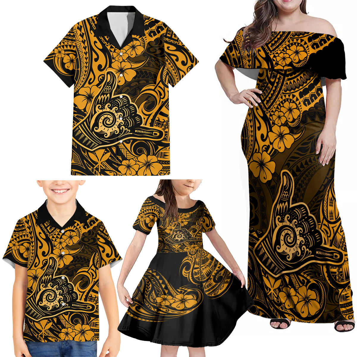 Hawaii Shaka Sign Family Matching Off Shoulder Maxi Dress and Hawaiian Shirt With Polynesian Hibiscus Gold Unique LT01 - Polynesian Pride