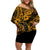 Hawaii Shaka Sign Family Matching Off Shoulder Short Dress and Hawaiian Shirt With Polynesian Hibiscus Gold Unique LT01 Mom's Dress Gold - Polynesian Pride