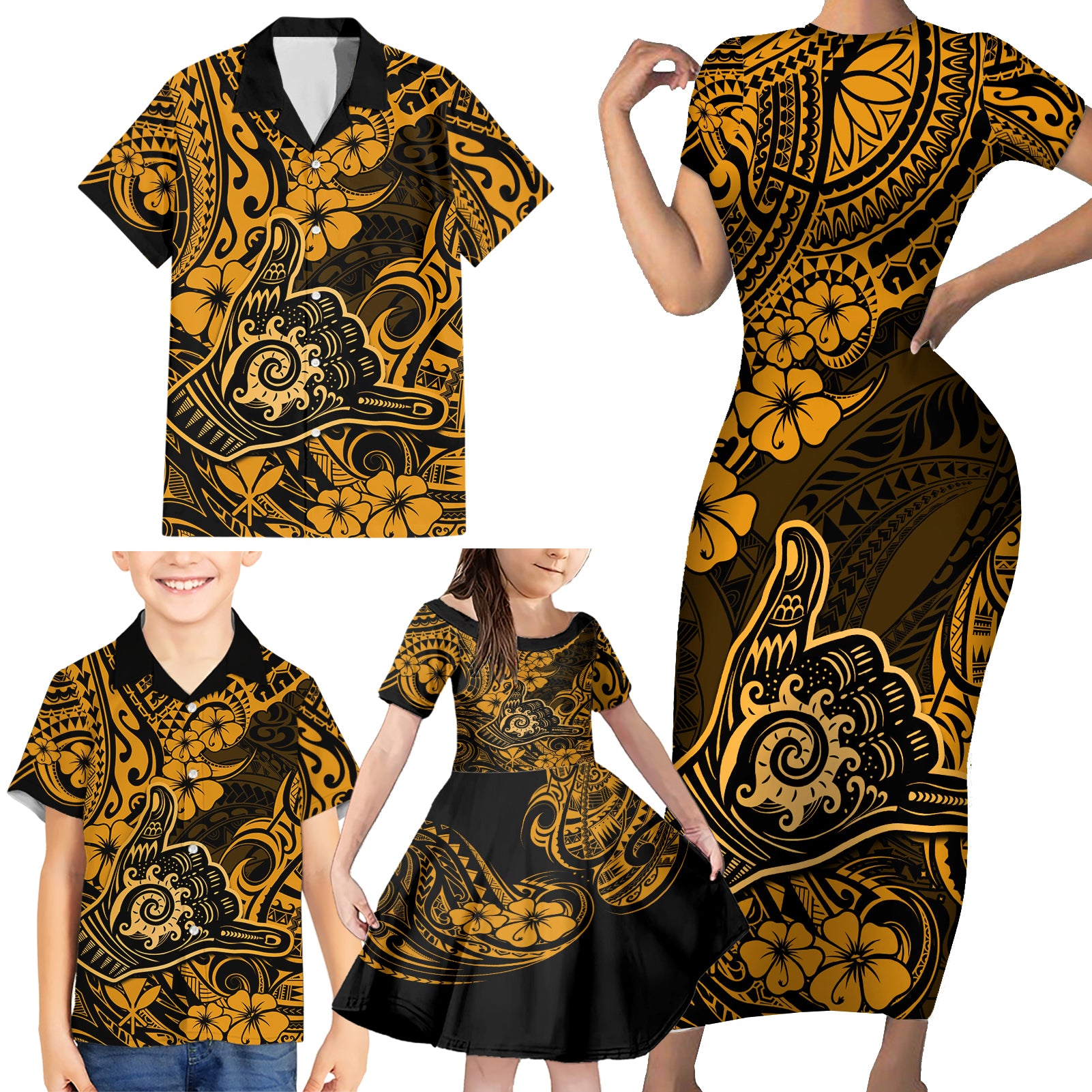 Hawaii Shaka Sign Family Matching Short Sleeve Bodycon Dress and Hawaiian Shirt With Polynesian Hibiscus Gold Unique LT01 - Polynesian Pride