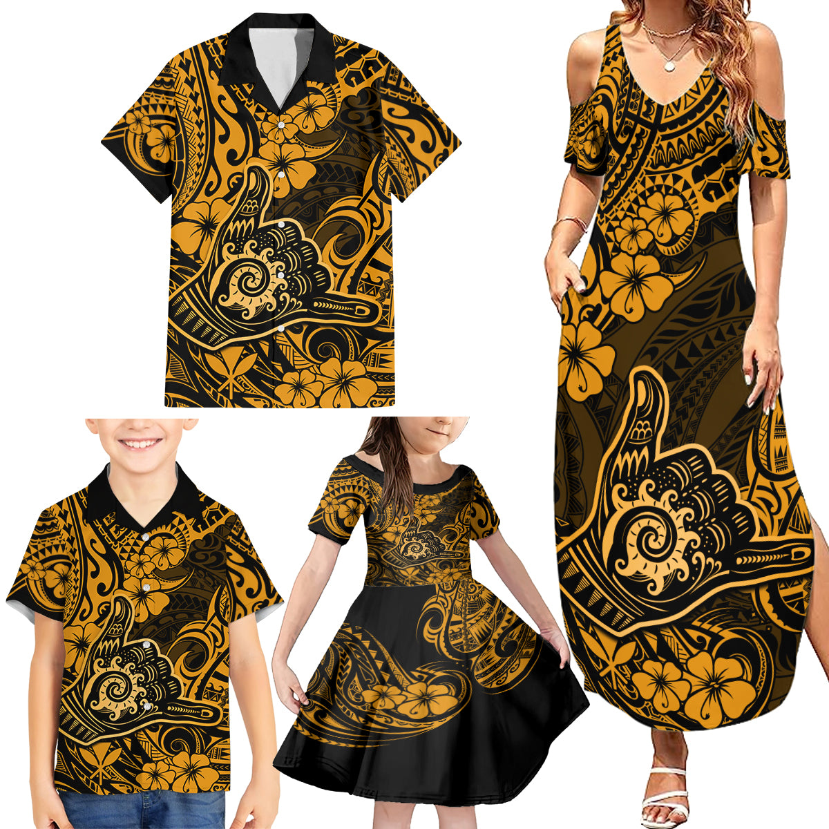 Hawaii Shaka Sign Family Matching Summer Maxi Dress and Hawaiian Shirt With Polynesian Hibiscus Gold Unique LT01 - Polynesian Pride