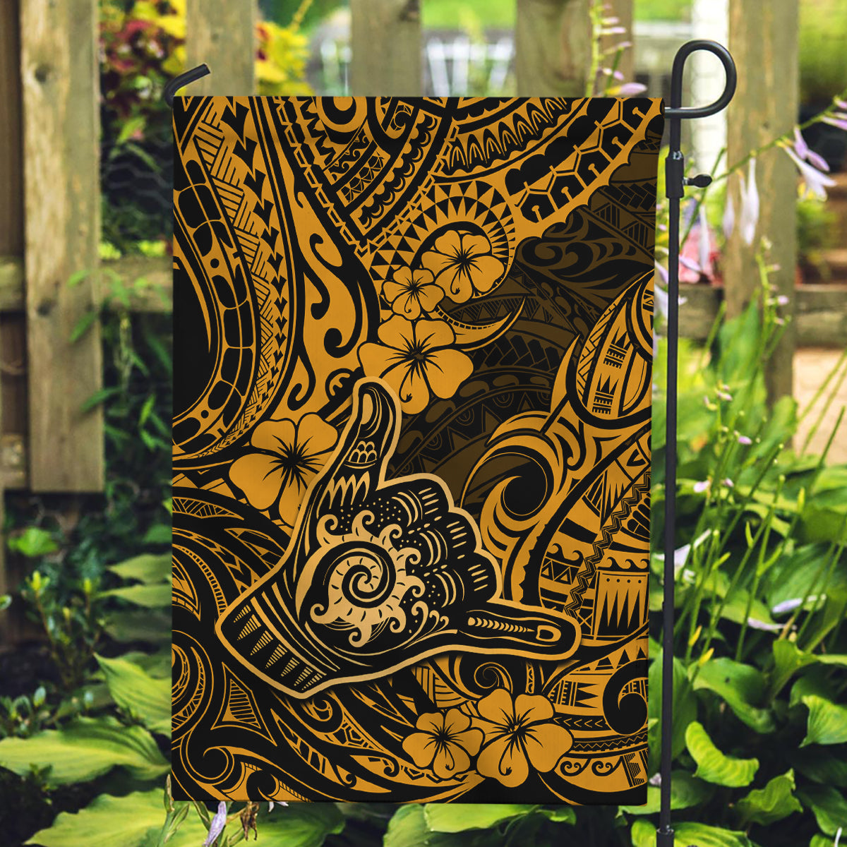 Hawaii Shaka Sign Garden Flag With Polynesian Hibiscus Gold Unique LT01 Garden Flag Gold - Polynesian Pride