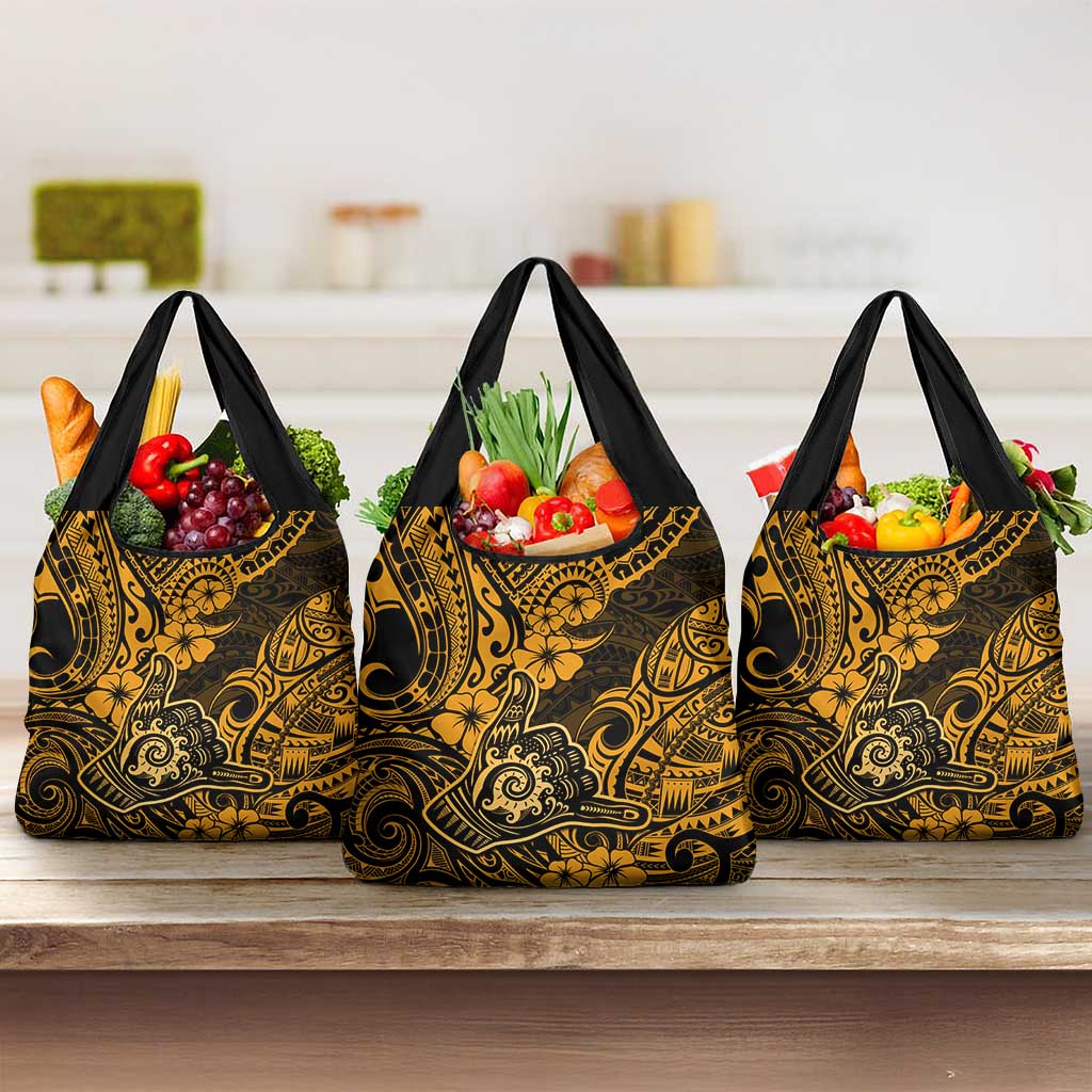 Hawaii Shaka Sign Grocery Bag With Polynesian Hibiscus Gold Unique LT01 3-pack One Size Gold - Polynesian Pride