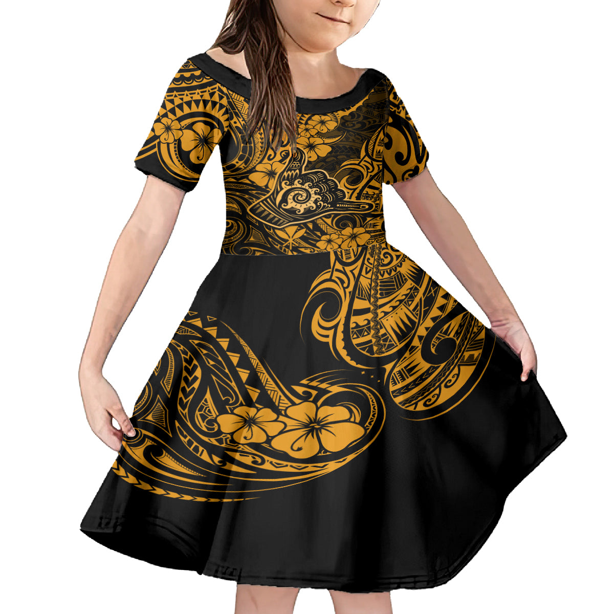 Hawaii Shaka Sign Kid Short Sleeve Dress With Polynesian Hibiscus Gold Unique LT01 KID Gold - Polynesian Pride