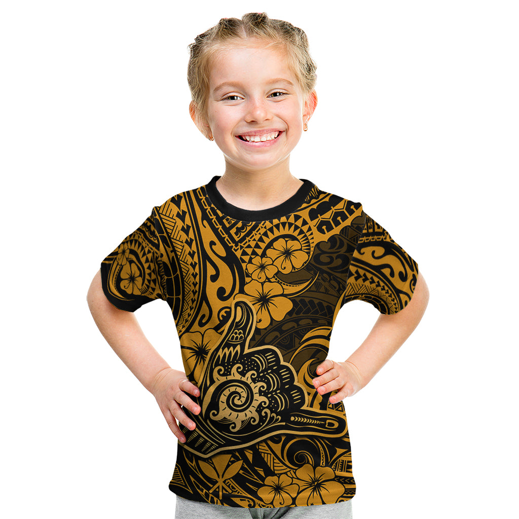 Hawaii Shaka Sign Kid T Shirt With Polynesian Hibiscus Gold Unique LT01 Gold - Polynesian Pride