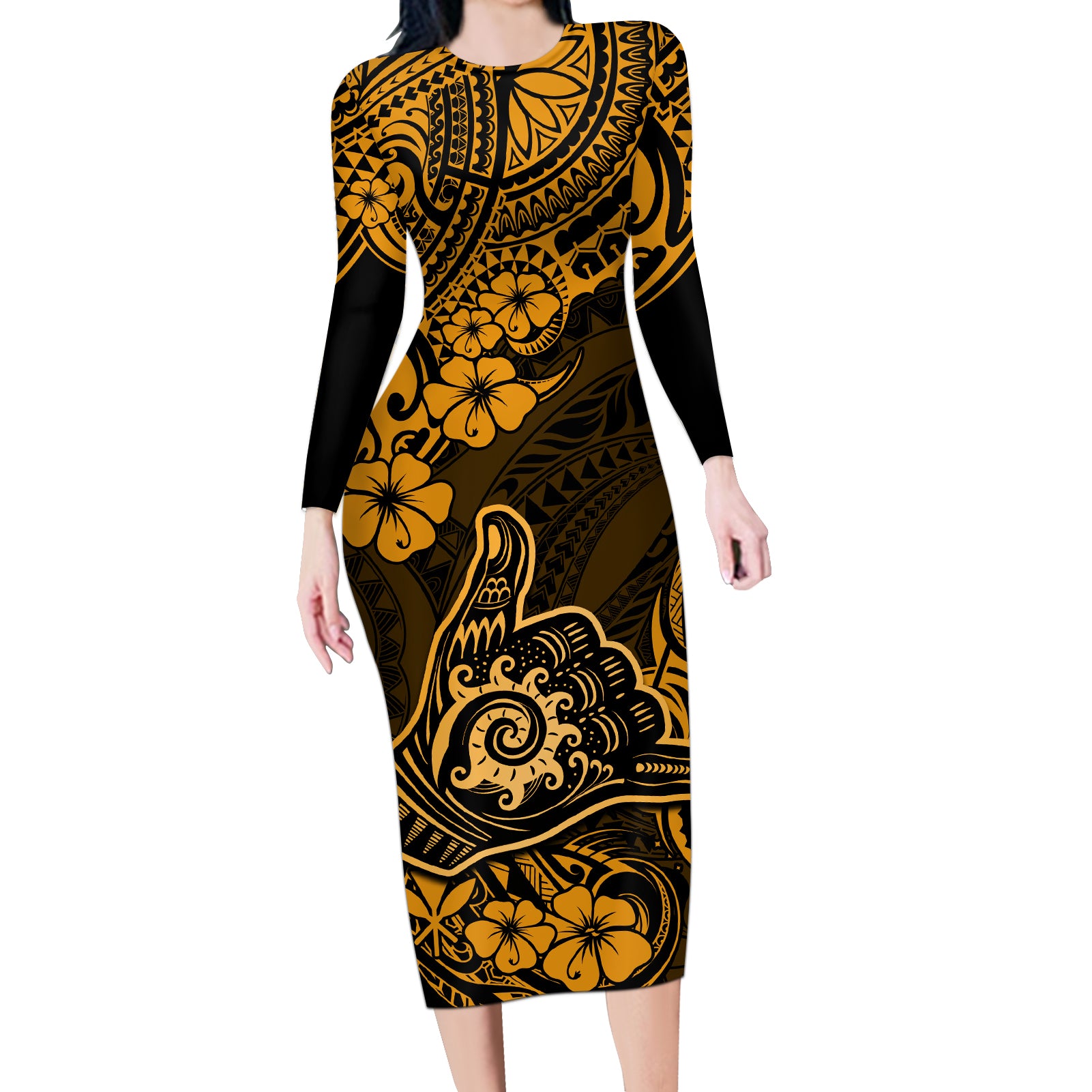 Hawaii Shaka Sign Long Sleeve Bodycon Dress With Polynesian Hibiscus Gold Unique LT01 Long Dress Gold - Polynesian Pride