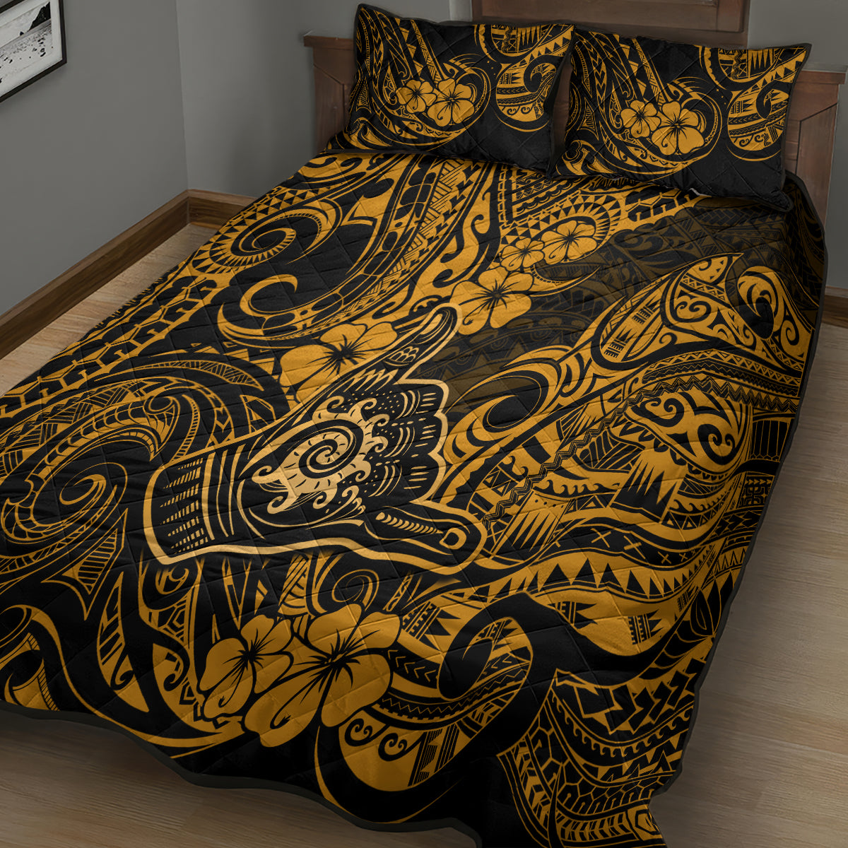 Hawaii Shaka Sign Quilt Bed Set With Polynesian Hibiscus Gold Unique LT01 - Polynesian Pride
