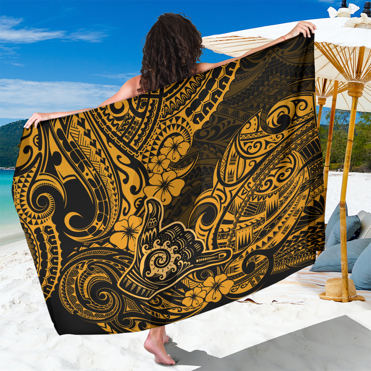 Hawaii Shaka Sign Sarong With Polynesian Hibiscus Gold Unique LT01 One Size 44 x 66 inches Gold - Polynesian Pride