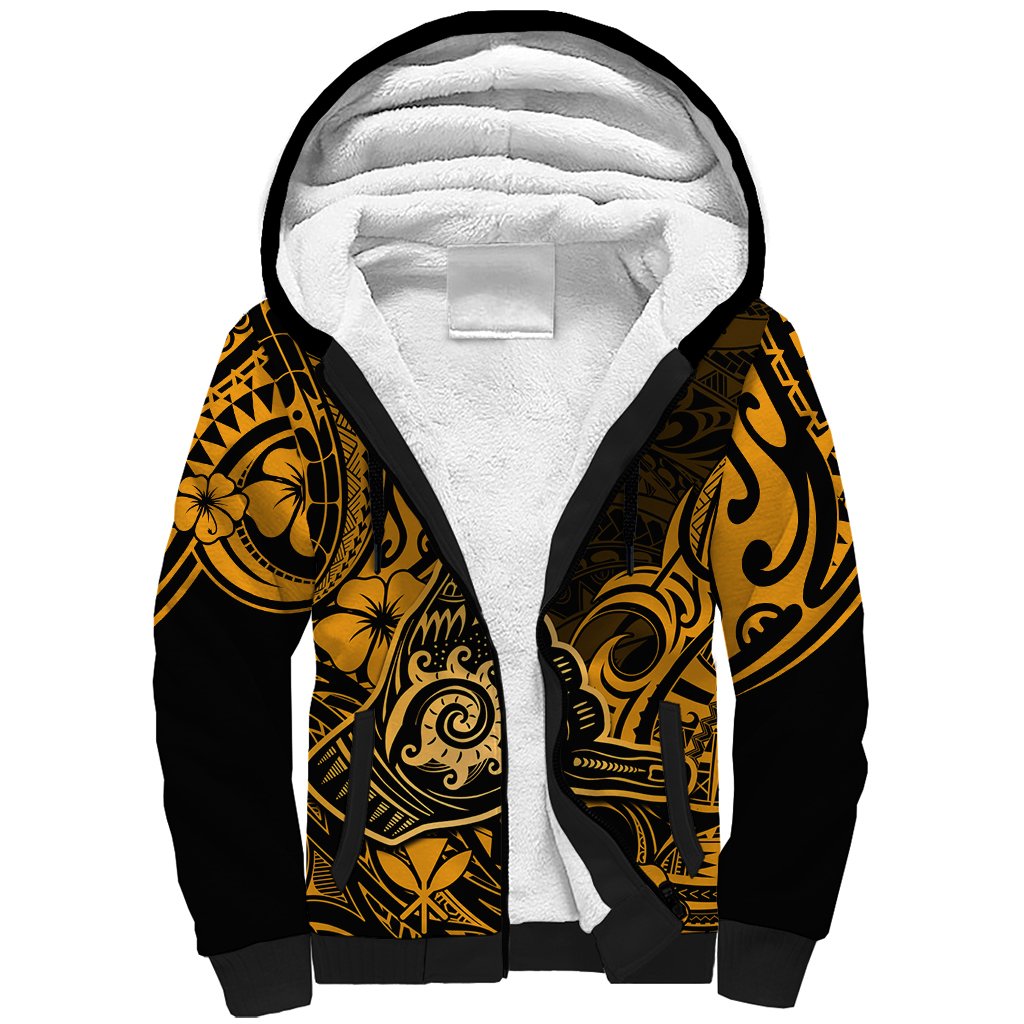 Hawaii Shaka Sign Sherpa Hoodie With Polynesian Hibiscus Gold Unique LT01 Unisex Gold - Polynesian Pride