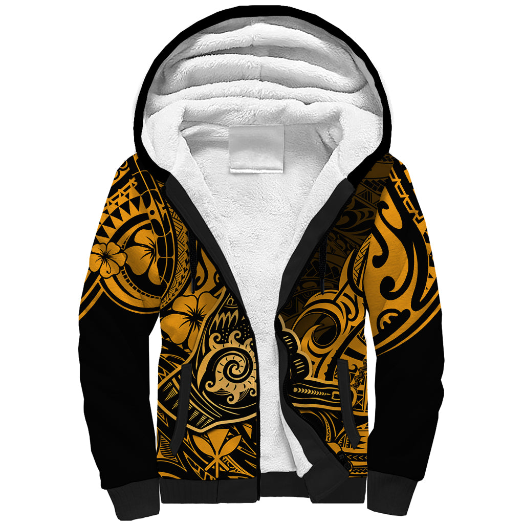 Hawaii Shaka Sign Sherpa Hoodie With Polynesian Hibiscus Gold Unique LT01 Unisex Gold - Polynesian Pride