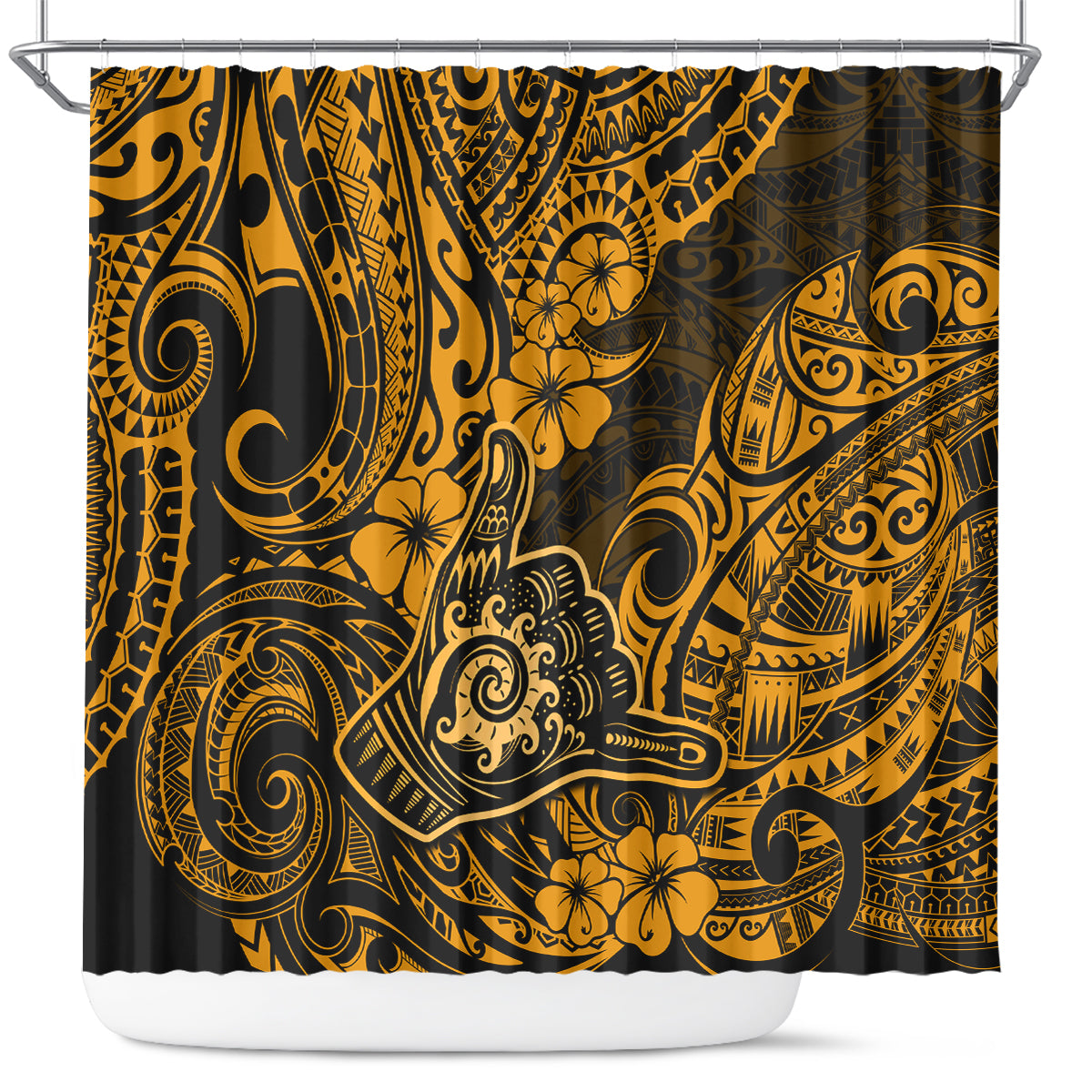 Hawaii Shaka Sign Shower Curtain With Polynesian Hibiscus Gold Unique LT01 Gold - Polynesian Pride