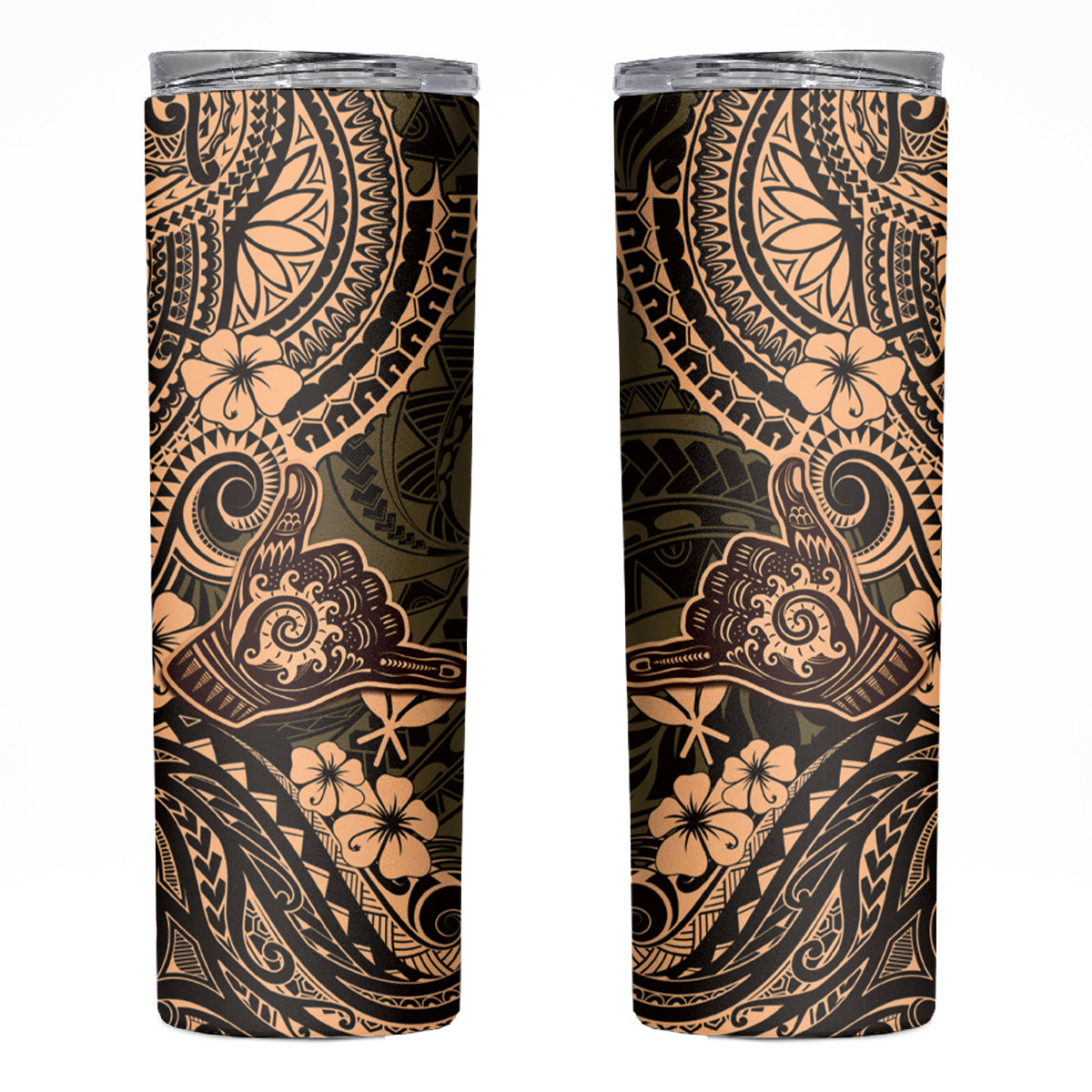 Hawaii Shaka Sign Skinny Tumbler With Polynesian Hibiscus Gold Unique