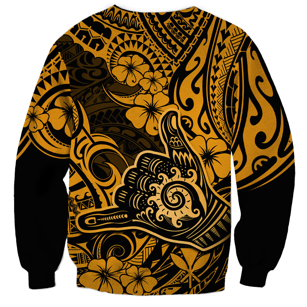 Hawaii Shaka Sign Sweatshirt With Polynesian Hibiscus Gold Unique LT01 - Polynesian Pride