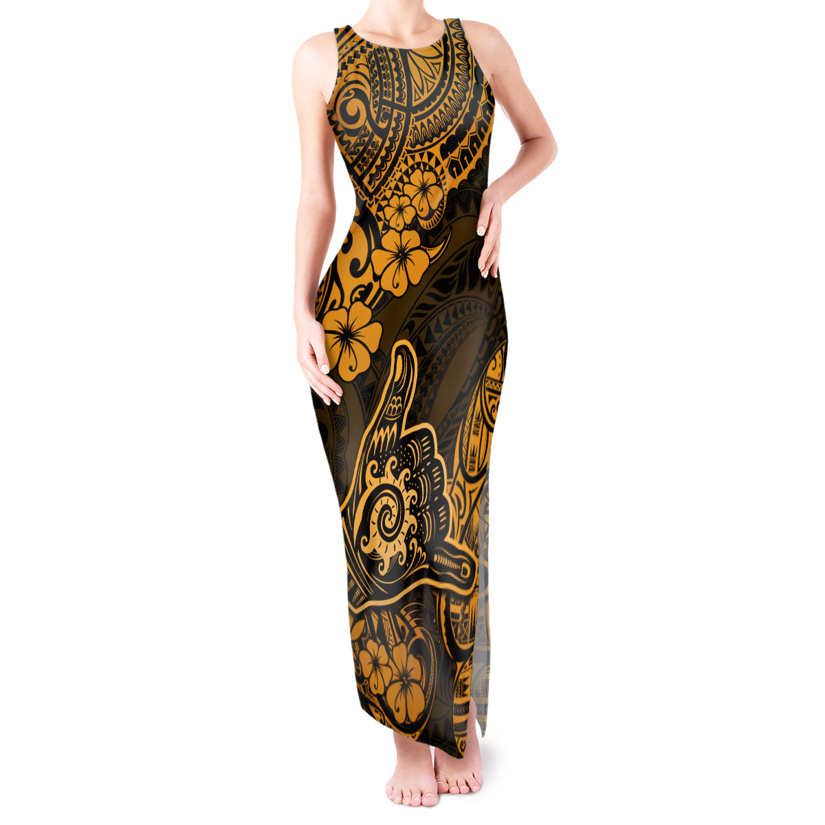 Hawaii Shaka Sign Tank Maxi Dress With Polynesian Hibiscus Gold Unique LT01 Women Gold - Polynesian Pride