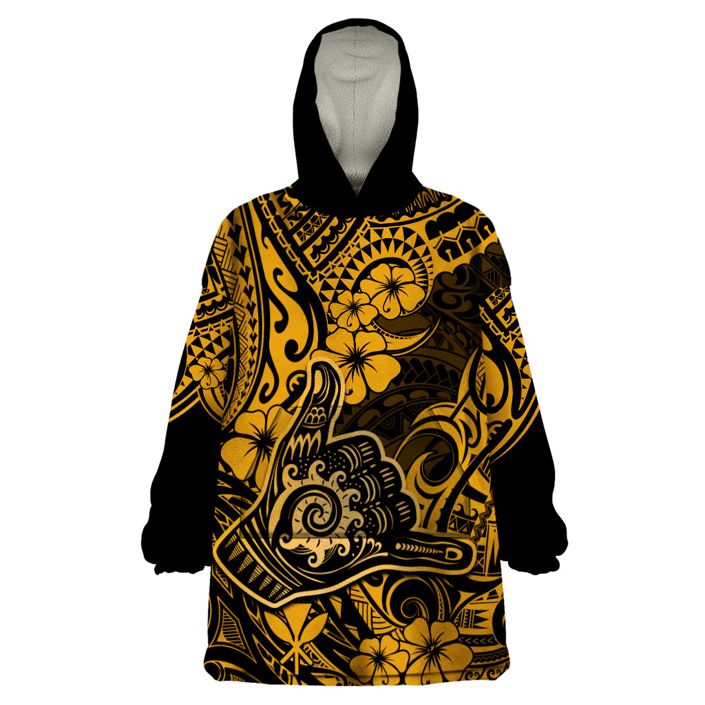 Hawaii Shaka Sign Wearable Blanket Hoodie With Polynesian Hibiscus Gold Unique LT01 One Size Gold - Polynesian Pride