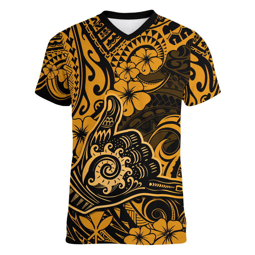 Hawaii Shaka Sign Women V Neck T Shirt With Polynesian Hibiscus Gold Unique LT01 Female Gold - Polynesian Pride