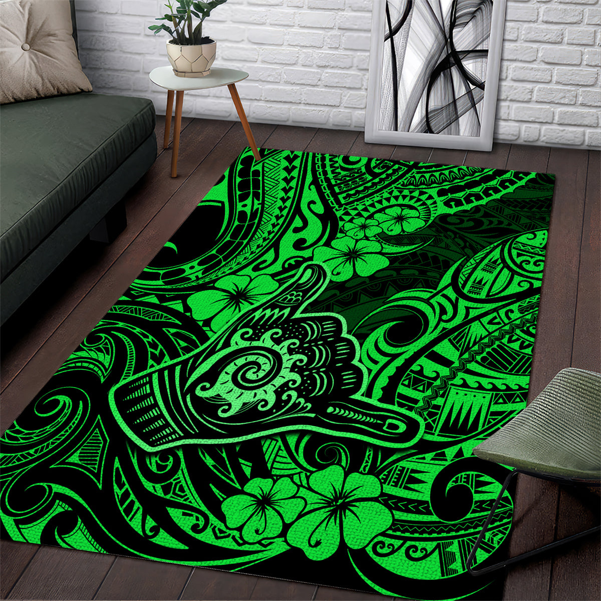 Hawaii Shaka Sign Area Rug With Polynesian Hibiscus Green Unique LT01 Green - Polynesian Pride