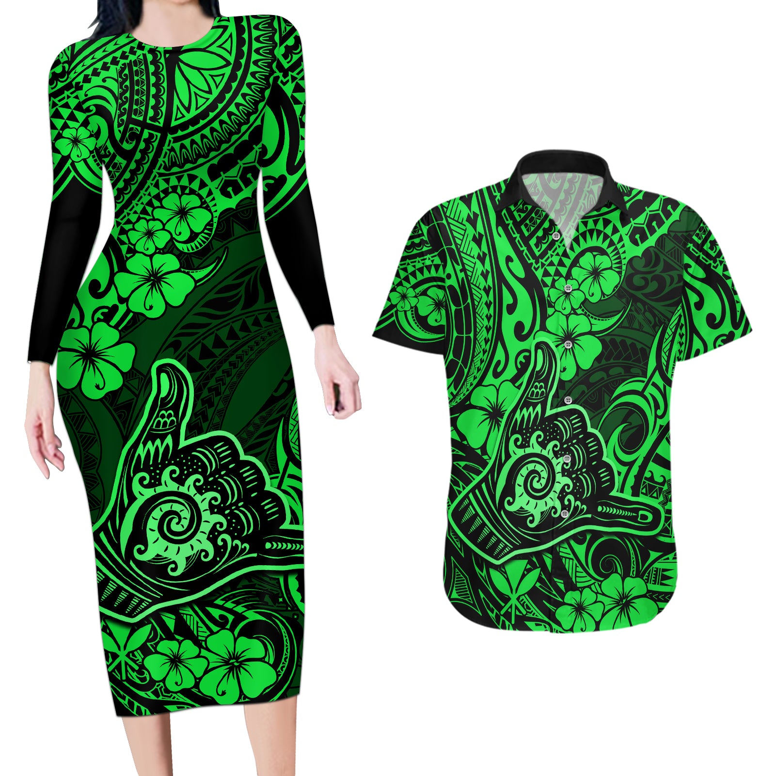 Hawaii Shaka Sign Couples Matching Long Sleeve Bodycon Dress and Hawaiian Shirt With Polynesian Hibiscus Green Unique LT01 Green - Polynesian Pride