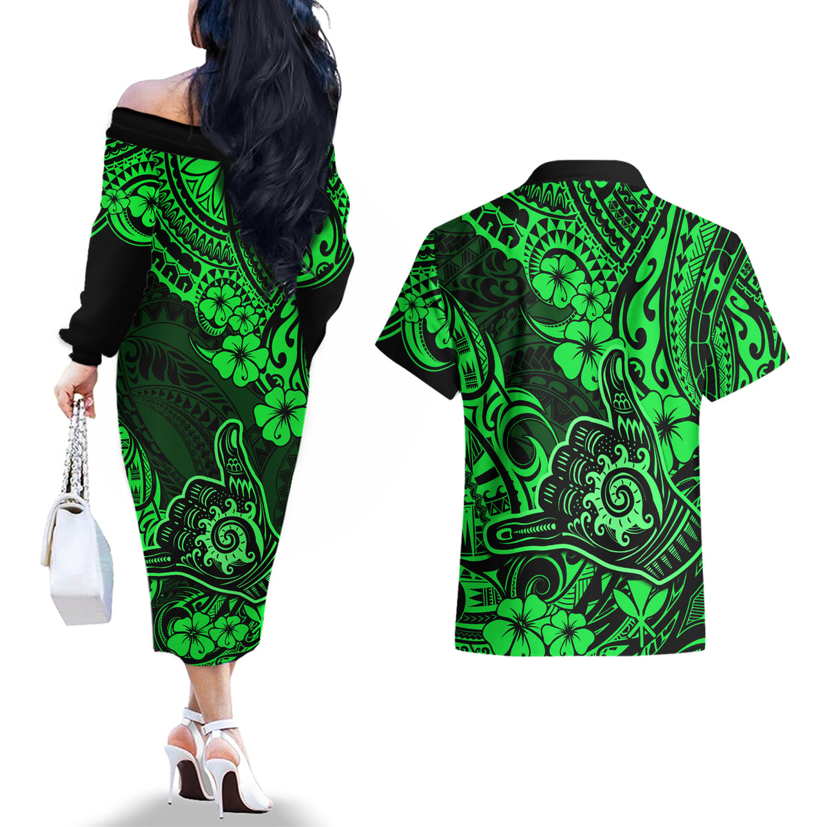 Hawaii Shaka Sign Couples Matching Off The Shoulder Long Sleeve Dress and Hawaiian Shirt With Polynesian Hibiscus Green Unique LT01 - Polynesian Pride