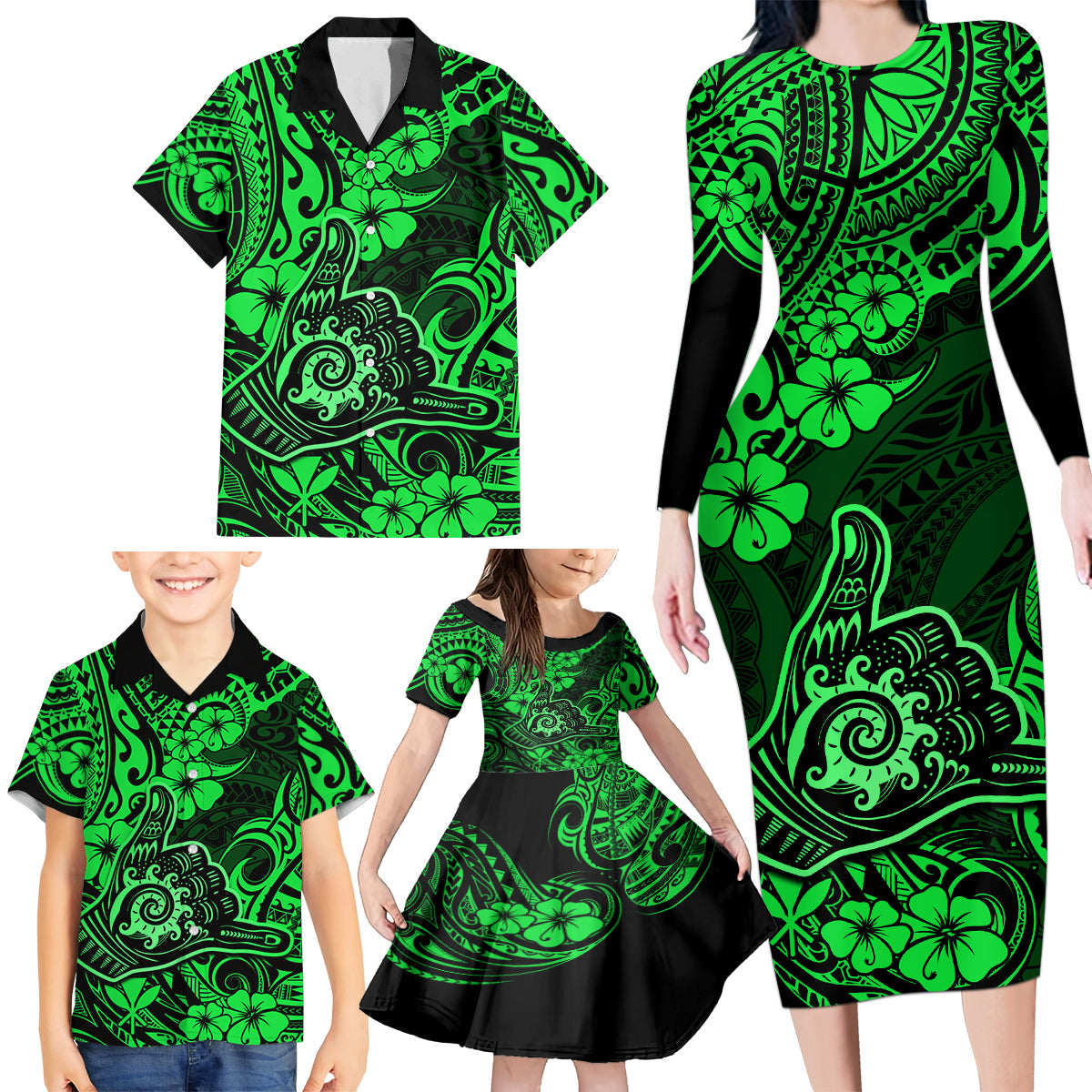 Hawaii Shaka Sign Family Matching Long Sleeve Bodycon Dress and Hawaiian Shirt With Polynesian Hibiscus Green Unique LT01 - Polynesian Pride