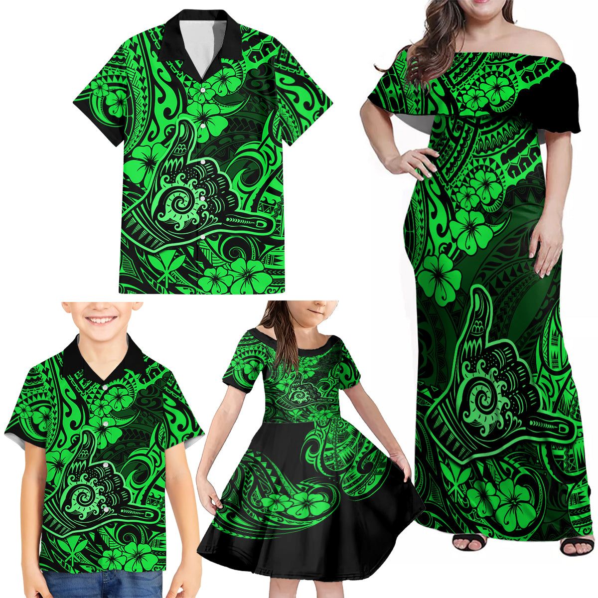 Hawaii Shaka Sign Family Matching Off Shoulder Maxi Dress and Hawaiian Shirt With Polynesian Hibiscus Green Unique LT01 - Polynesian Pride