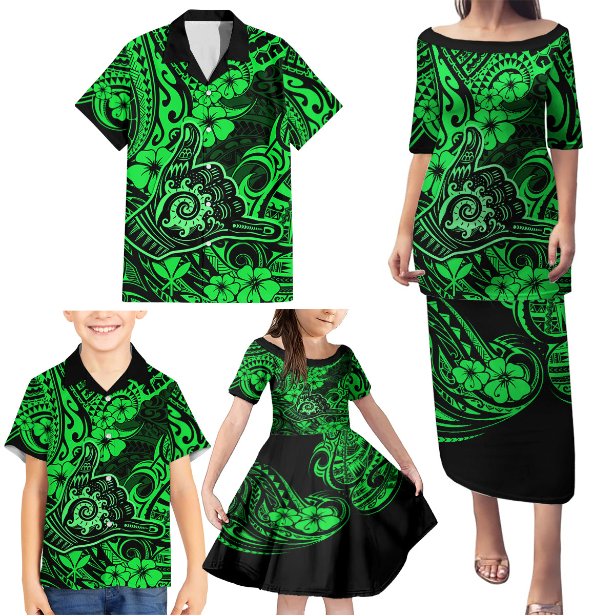 Hawaii Shaka Sign Family Matching Puletasi Dress and Hawaiian Shirt With Polynesian Hibiscus Green Unique LT01 - Polynesian Pride