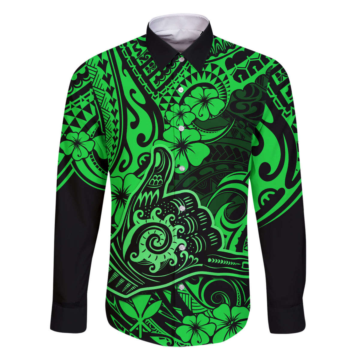 Hawaii Shaka Sign Family Matching Short Sleeve Bodycon Dress and Hawaiian Shirt With Polynesian Hibiscus Green Unique LT01 Dad's Shirt - Long Sleeve Green - Polynesian Pride