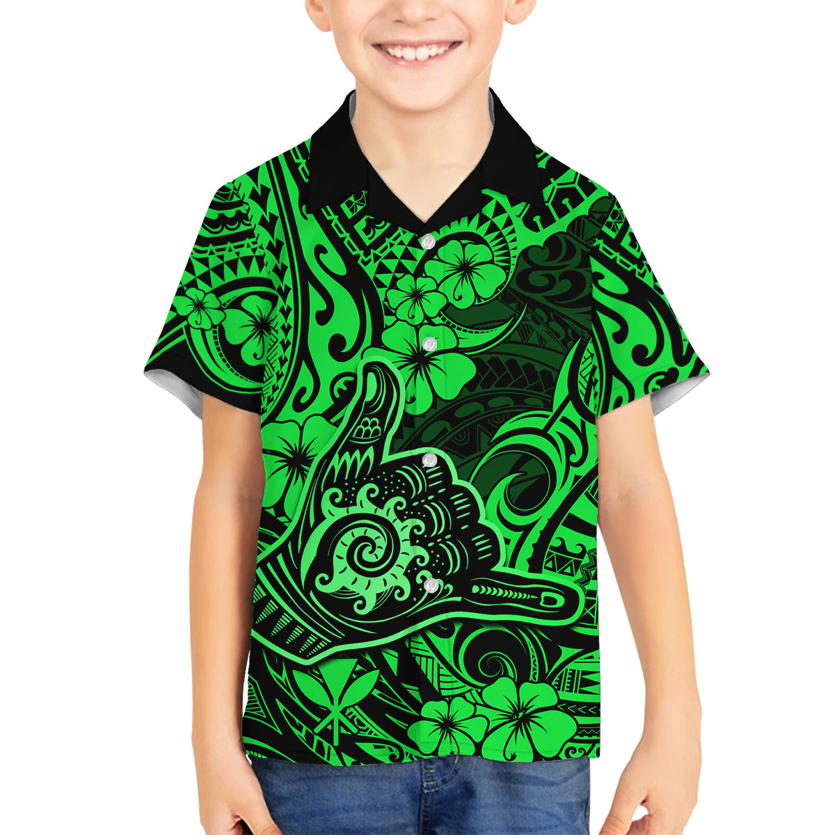 Hawaii Shaka Sign Family Matching Tank Maxi Dress and Hawaiian Shirt With Polynesian Hibiscus Green Unique LT01 Son's Shirt Green - Polynesian Pride