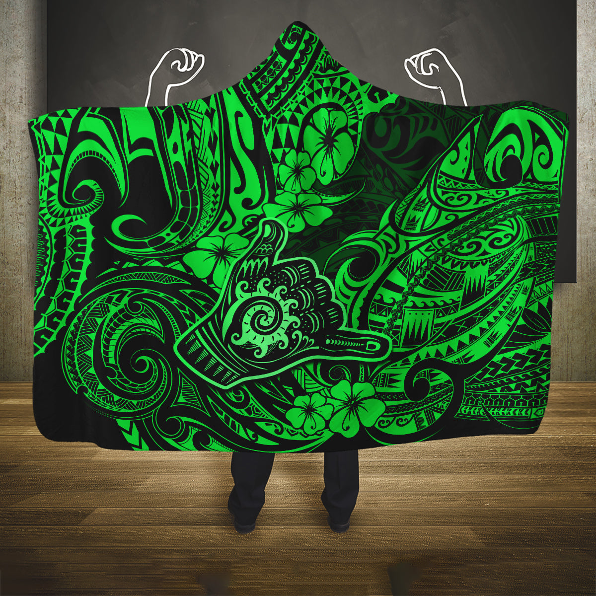 Hawaii Shaka Sign Hooded Blanket With Polynesian Hibiscus Green Unique LT01 One Size Green - Polynesian Pride