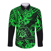 Hawaii Shaka Sign Long Sleeve Button Shirt With Polynesian Hibiscus Green Unique LT01 Unisex Green - Polynesian Pride