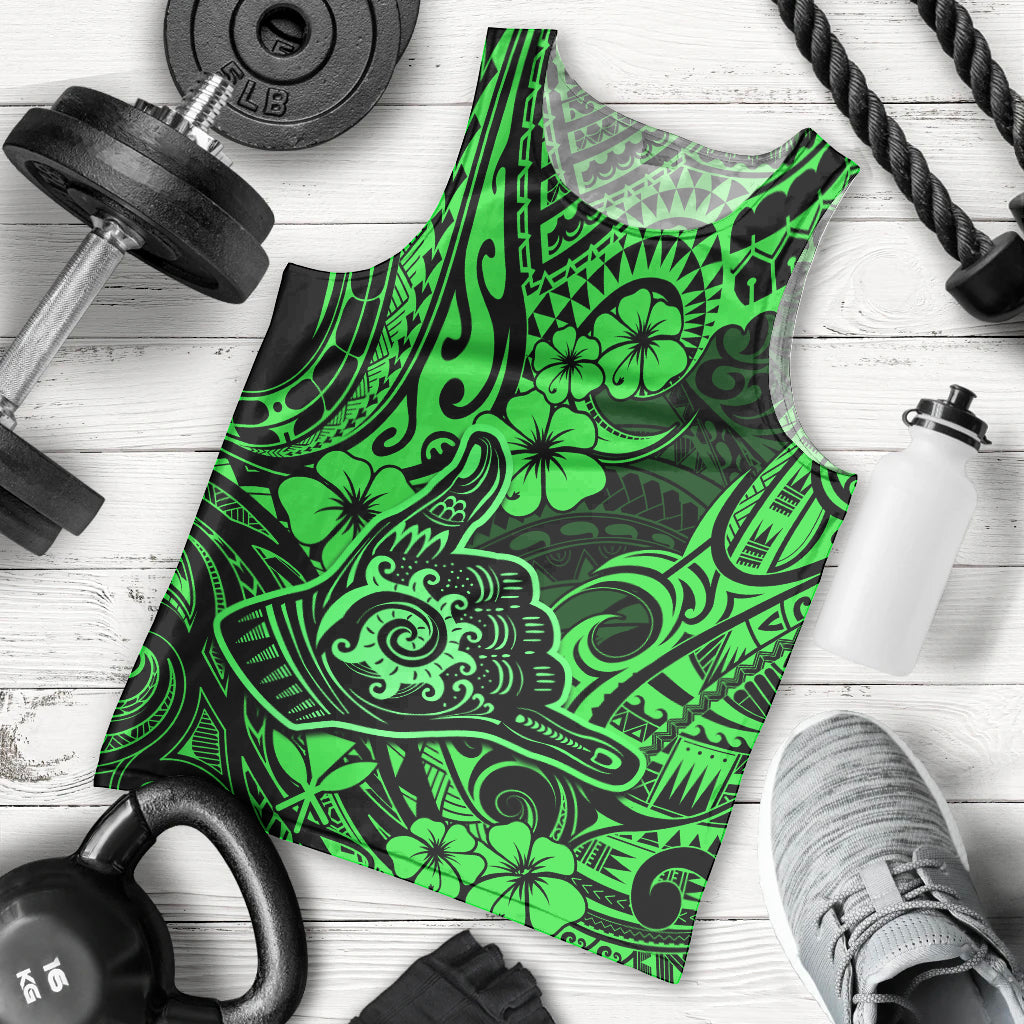 Hawaii Shaka Sign Men Tank Top With Polynesian Hibiscus Green Unique LT01 Green - Polynesian Pride