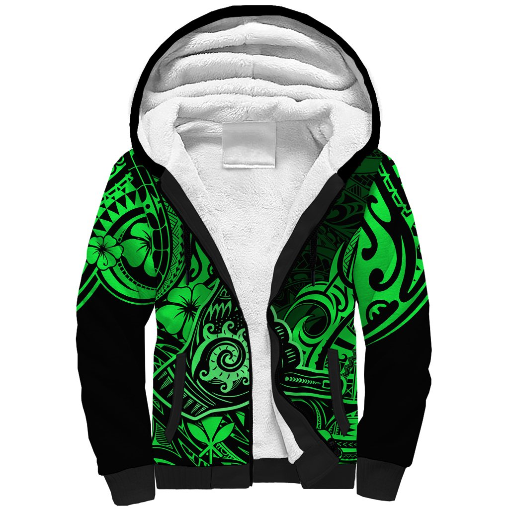 Hawaii Shaka Sign Sherpa Hoodie With Polynesian Hibiscus Green Unique LT01 Unisex Green - Polynesian Pride