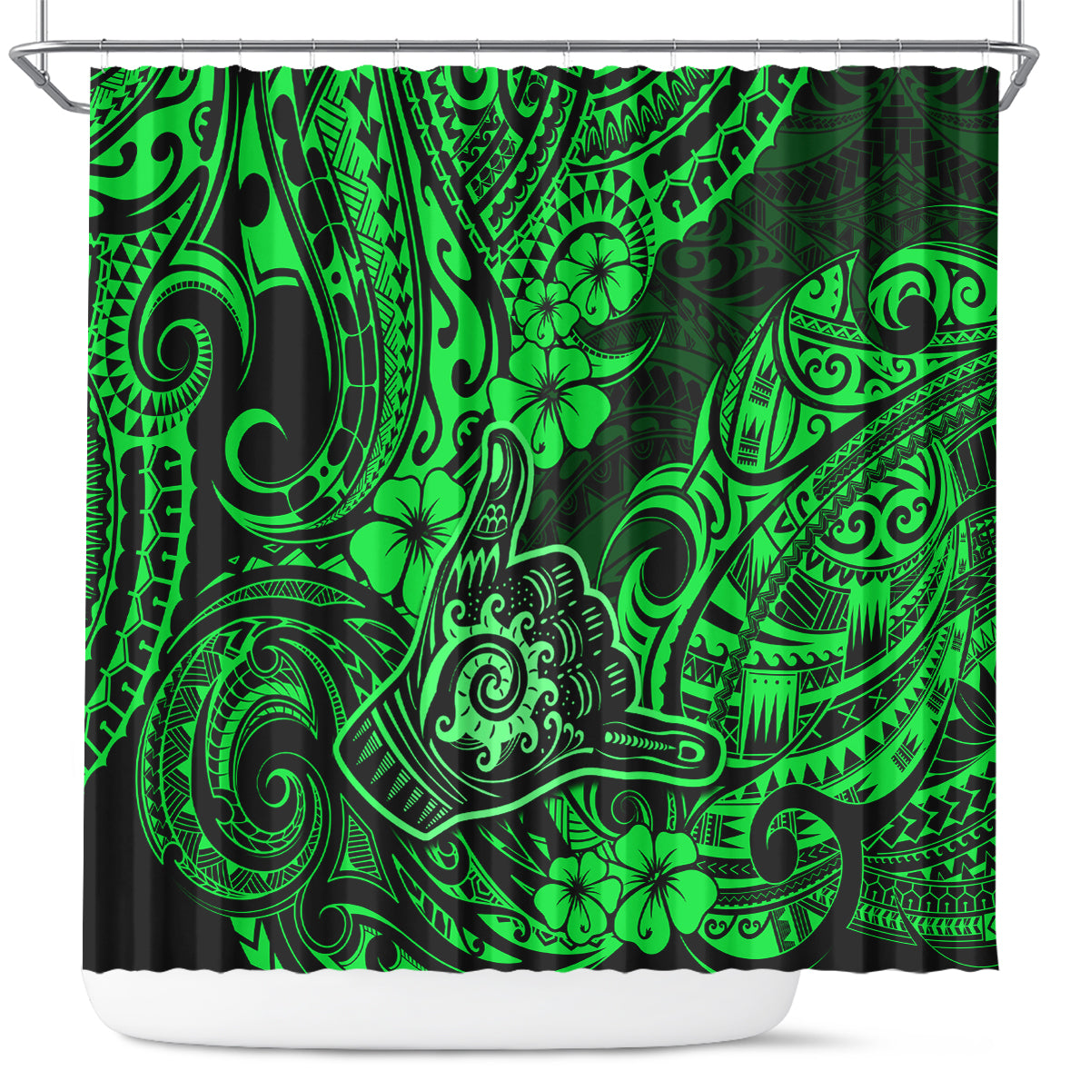 Hawaii Shaka Sign Shower Curtain With Polynesian Hibiscus Green Unique LT01 Green - Polynesian Pride