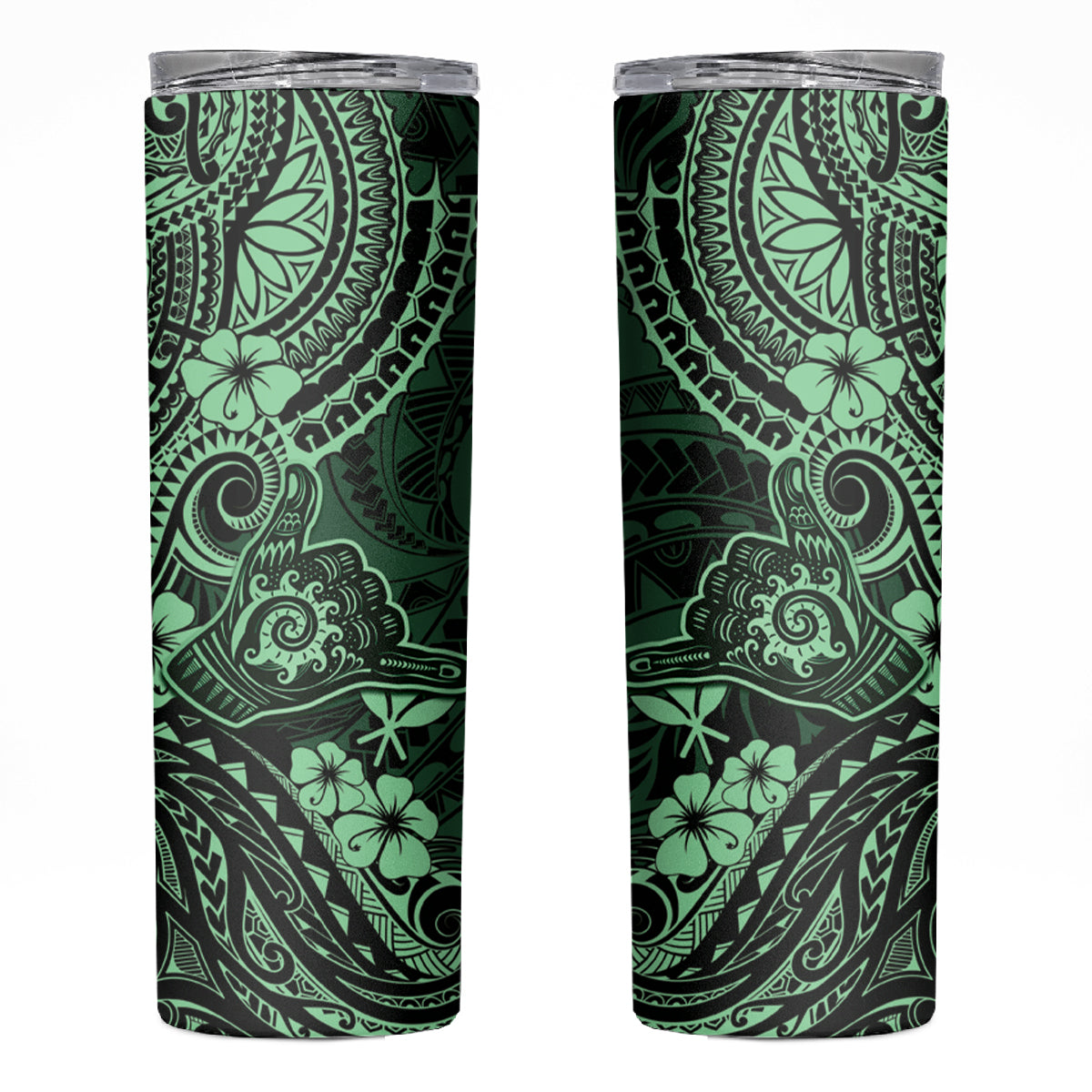 Hawaii Shaka Sign Skinny Tumbler With Polynesian Hibiscus Green Unique