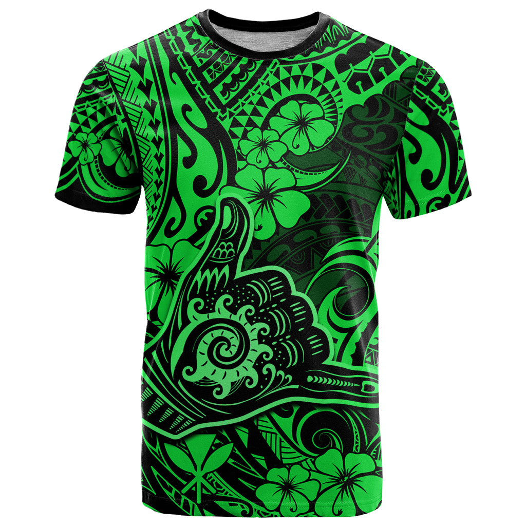 Hawaii Shaka Sign T Shirt With Polynesian Hibiscus Green Unique LT01 Green - Polynesian Pride